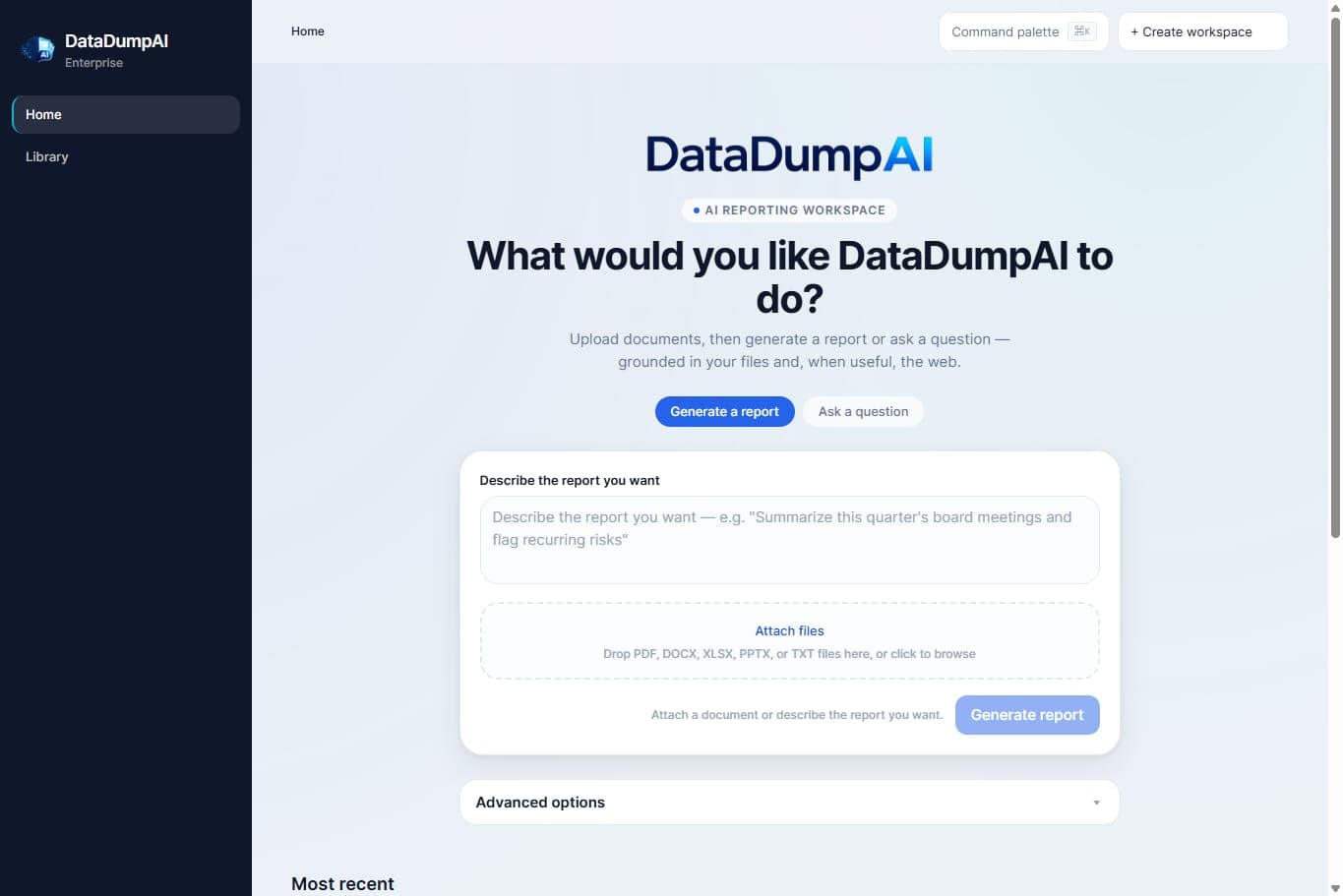 The workspace home — describe a report or ask a question.